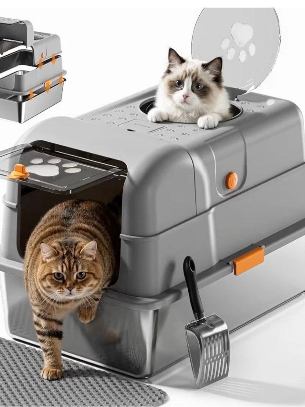 Gray Covered Cat Litter Box with Top Entry and Scoop